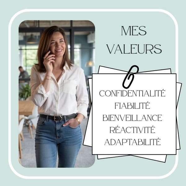 image ou il y a une photo de Morgane BERRA décontractée, souriante avec téléphone à l'oreille se tenant debout des un coworking, à coté de l'image, un texte reprenant les valeurs de Morgane qui sont confidentialite fiabilite bienveillance reactivite bienveillance