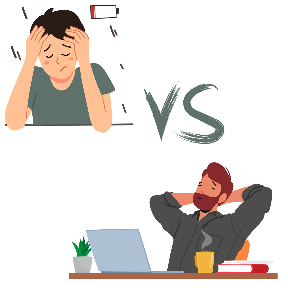 comparatif entre un homme stressé, débordé qui fait tout seul et n'a pas d'aide d'une assistante admnistrative vs un homme heureux, serein, qui se concentre sur son coeur de métier grace à une aide extérieure, une assistante indépendante
